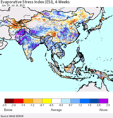 Asia Evaporative Stress Index (ESI), 4-Weeks Thematic Map For 7/10/2023 - 7/16/2023
