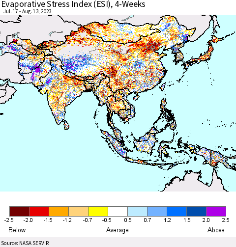Asia Evaporative Stress Index (ESI), 4-Weeks Thematic Map For 8/7/2023 - 8/13/2023