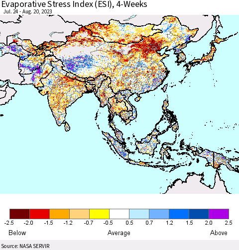 Asia Evaporative Stress Index (ESI), 4-Weeks Thematic Map For 8/14/2023 - 8/20/2023