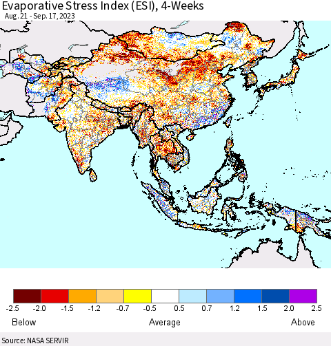 Asia Evaporative Stress Index (ESI), 4-Weeks Thematic Map For 9/11/2023 - 9/17/2023
