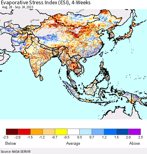 Asia Evaporative Stress Index (ESI), 4-Weeks Thematic Map For 9/18/2023 - 9/24/2023