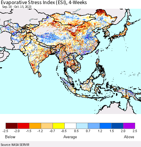 Asia Evaporative Stress Index (ESI), 4-Weeks Thematic Map For 10/9/2023 - 10/15/2023