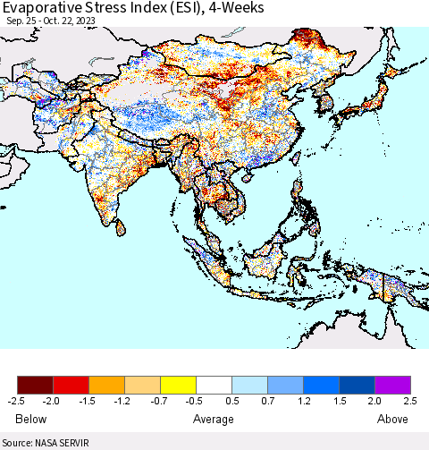 Asia Evaporative Stress Index (ESI), 4-Weeks Thematic Map For 10/16/2023 - 10/22/2023