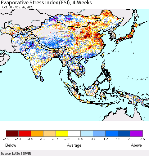 Asia Evaporative Stress Index (ESI), 4-Weeks Thematic Map For 11/20/2023 - 11/26/2023