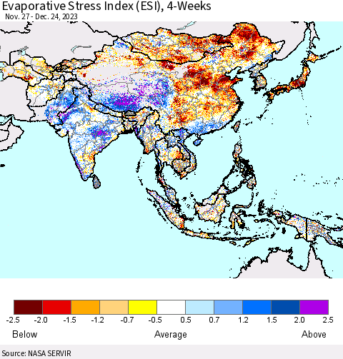 Asia Evaporative Stress Index (ESI), 4-Weeks Thematic Map For 12/18/2023 - 12/24/2023