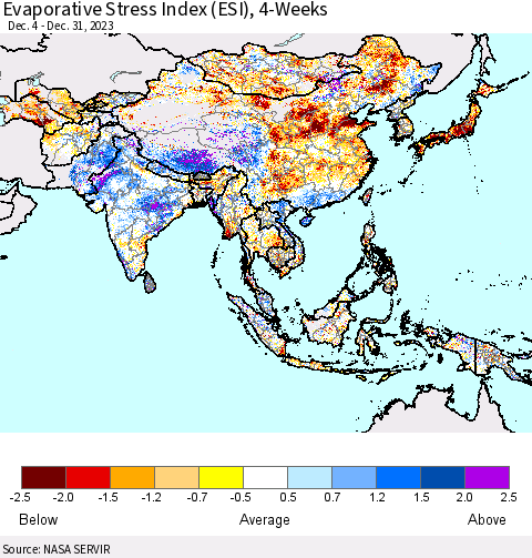 Asia Evaporative Stress Index (ESI), 4-Weeks Thematic Map For 12/25/2023 - 12/31/2023