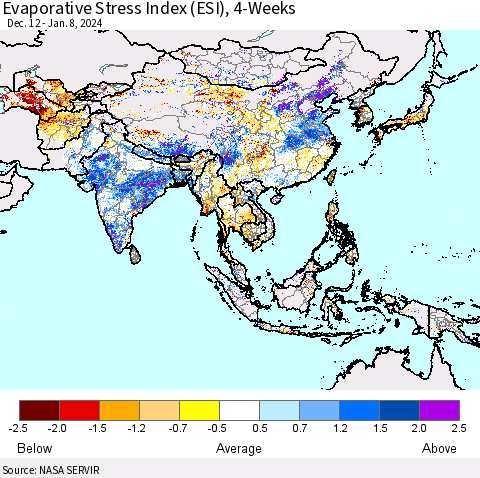 Asia Evaporative Stress Index (ESI), 4-Weeks Thematic Map For 1/8/2024 - 1/14/2024