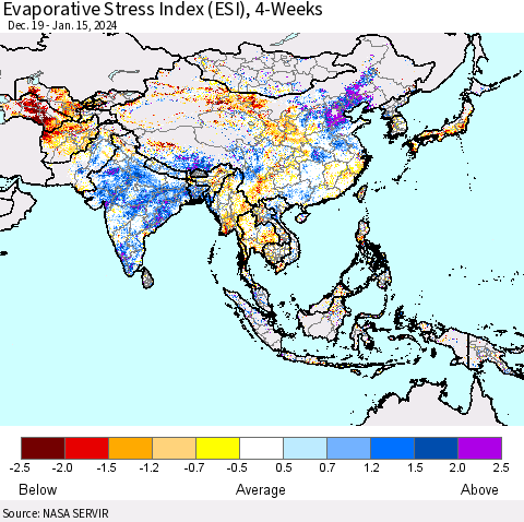 Asia Evaporative Stress Index (ESI), 4-Weeks Thematic Map For 1/15/2024 - 1/21/2024