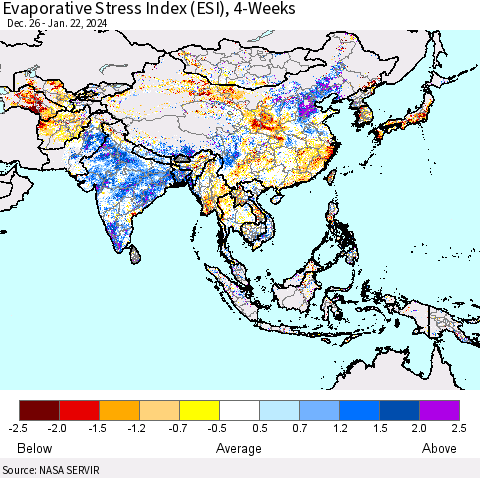 Asia Evaporative Stress Index (ESI), 4-Weeks Thematic Map For 1/22/2024 - 1/28/2024