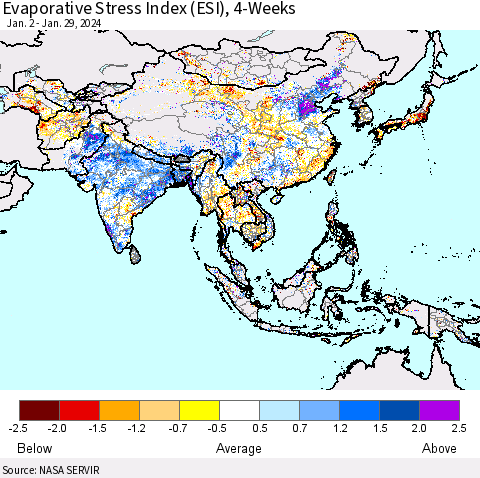 Asia Evaporative Stress Index (ESI), 4-Weeks Thematic Map For 1/29/2024 - 2/4/2024