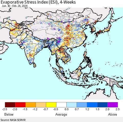 Asia Evaporative Stress Index (ESI), 4-Weeks Thematic Map For 2/26/2024 - 3/3/2024