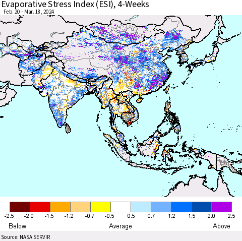 Asia Evaporative Stress Index (ESI), 4-Weeks Thematic Map For 3/18/2024 - 3/24/2024