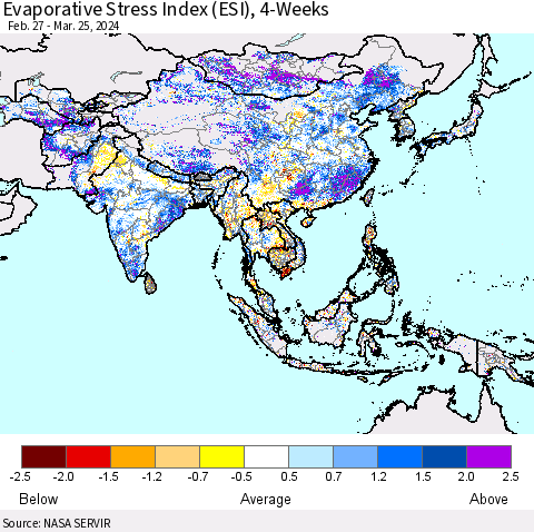 Asia Evaporative Stress Index (ESI), 4-Weeks Thematic Map For 3/25/2024 - 3/31/2024