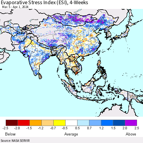 Asia Evaporative Stress Index (ESI), 4-Weeks Thematic Map For 4/1/2024 - 4/7/2024