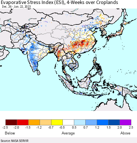 Asia Evaporative Stress Index (ESI), 4-Weeks over Croplands Thematic Map For 1/16/2023 - 1/22/2023