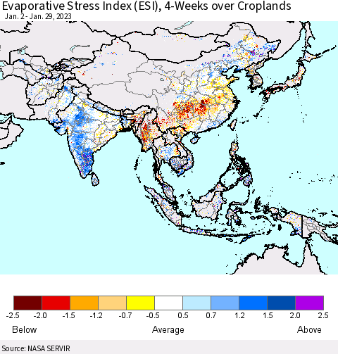 Asia Evaporative Stress Index (ESI), 4-Weeks over Croplands Thematic Map For 1/23/2023 - 1/29/2023