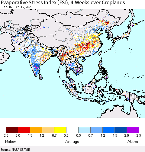 Asia Evaporative Stress Index (ESI), 4-Weeks over Croplands Thematic Map For 2/6/2023 - 2/12/2023