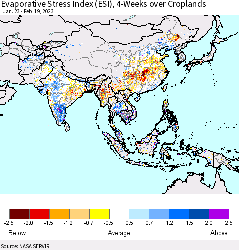 Asia Evaporative Stress Index (ESI), 4-Weeks over Croplands Thematic Map For 2/13/2023 - 2/19/2023