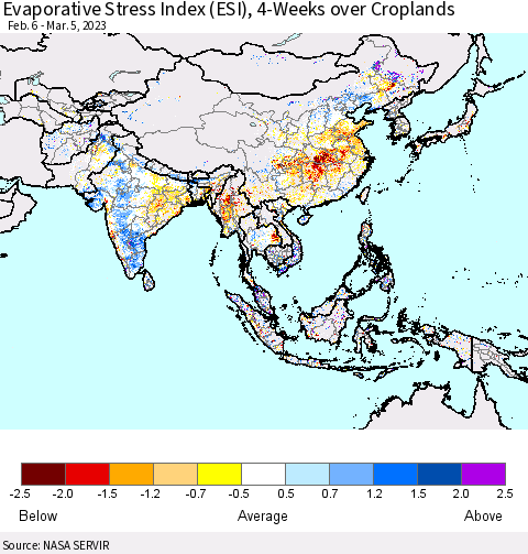 Asia Evaporative Stress Index (ESI), 4-Weeks over Croplands Thematic Map For 2/27/2023 - 3/5/2023