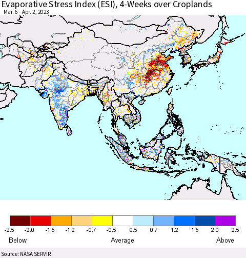 Asia Evaporative Stress Index (ESI), 4-Weeks over Croplands Thematic Map For 3/27/2023 - 4/2/2023
