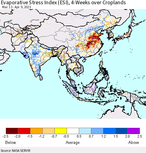 Asia Evaporative Stress Index (ESI), 4-Weeks over Croplands Thematic Map For 4/3/2023 - 4/9/2023
