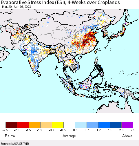 Asia Evaporative Stress Index (ESI), 4-Weeks over Croplands Thematic Map For 4/10/2023 - 4/16/2023