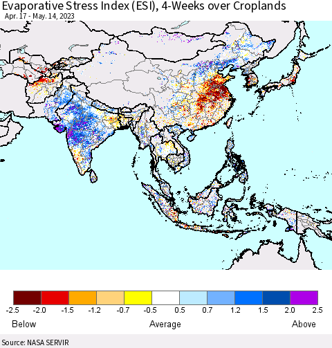 Asia Evaporative Stress Index (ESI), 4-Weeks over Croplands Thematic Map For 5/8/2023 - 5/14/2023