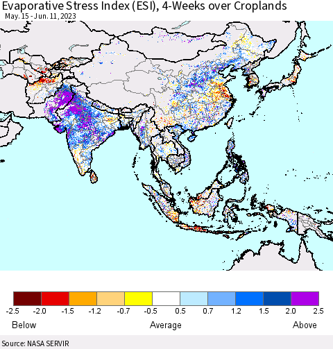 Asia Evaporative Stress Index (ESI), 4-Weeks over Croplands Thematic Map For 6/5/2023 - 6/11/2023