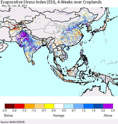 Asia Evaporative Stress Index (ESI), 4-Weeks over Croplands Thematic Map For 6/12/2023 - 6/18/2023
