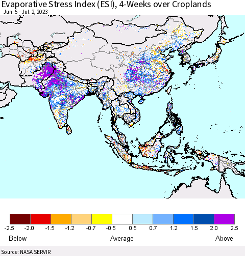 Asia Evaporative Stress Index (ESI), 4-Weeks over Croplands Thematic Map For 6/26/2023 - 7/2/2023