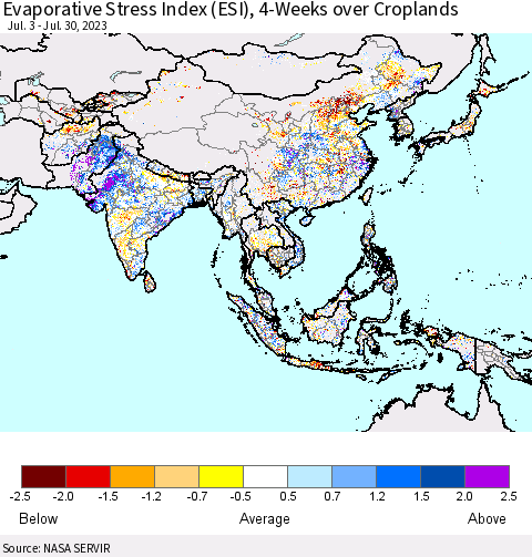 Asia Evaporative Stress Index (ESI), 4-Weeks over Croplands Thematic Map For 7/24/2023 - 7/30/2023