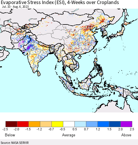 Asia Evaporative Stress Index (ESI), 4-Weeks over Croplands Thematic Map For 7/31/2023 - 8/6/2023