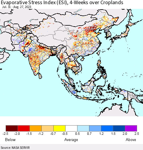 Asia Evaporative Stress Index (ESI), 4-Weeks over Croplands Thematic Map For 8/21/2023 - 8/27/2023