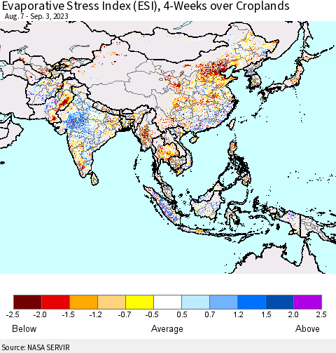Asia Evaporative Stress Index (ESI), 4-Weeks over Croplands Thematic Map For 8/28/2023 - 9/3/2023