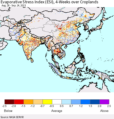 Asia Evaporative Stress Index (ESI), 4-Weeks over Croplands Thematic Map For 9/18/2023 - 9/24/2023
