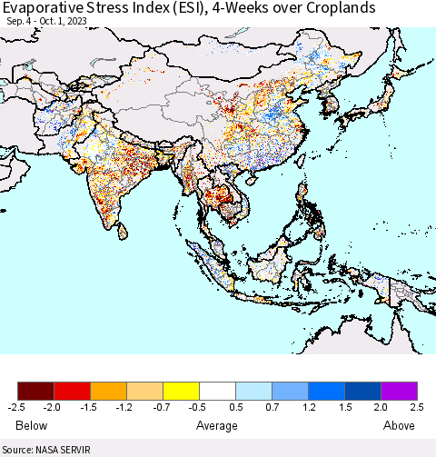 Asia Evaporative Stress Index (ESI), 4-Weeks over Croplands Thematic Map For 9/25/2023 - 10/1/2023