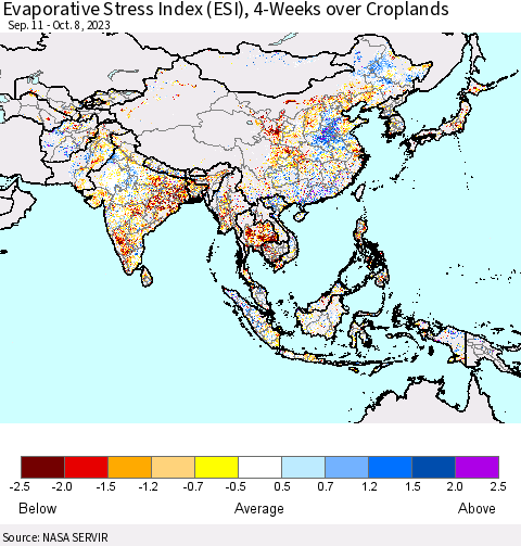 Asia Evaporative Stress Index (ESI), 4-Weeks over Croplands Thematic Map For 10/2/2023 - 10/8/2023