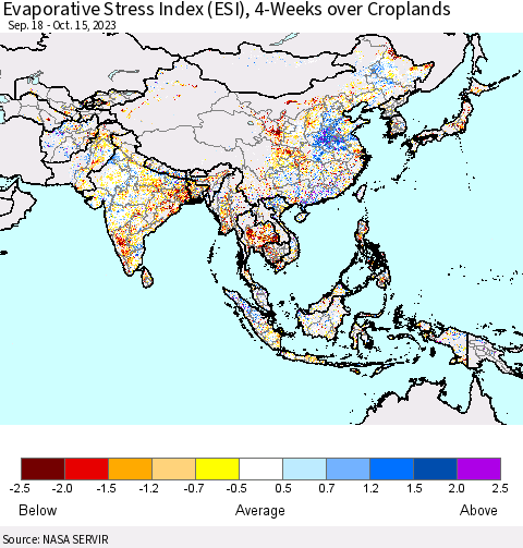 Asia Evaporative Stress Index (ESI), 4-Weeks over Croplands Thematic Map For 10/9/2023 - 10/15/2023