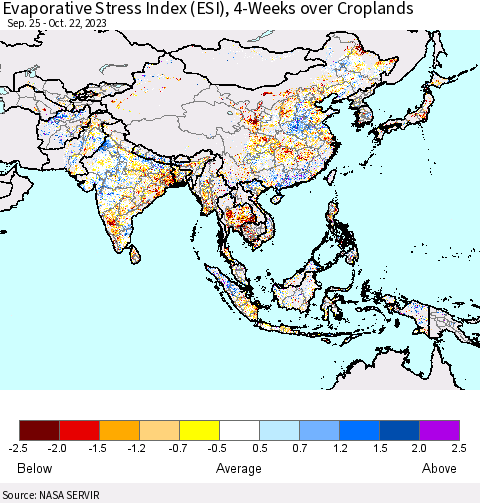 Asia Evaporative Stress Index (ESI), 4-Weeks over Croplands Thematic Map For 10/16/2023 - 10/22/2023
