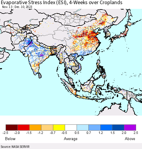 Asia Evaporative Stress Index (ESI), 4-Weeks over Croplands Thematic Map For 12/4/2023 - 12/10/2023