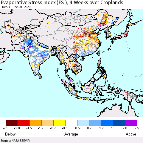 Asia Evaporative Stress Index (ESI), 4-Weeks over Croplands Thematic Map For 1/1/2024 - 1/7/2024