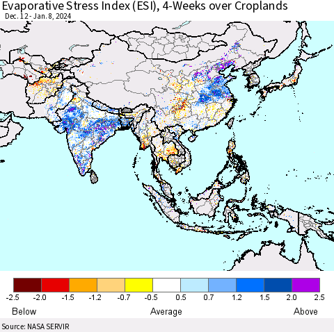 Asia Evaporative Stress Index (ESI), 4-Weeks over Croplands Thematic Map For 1/8/2024 - 1/14/2024