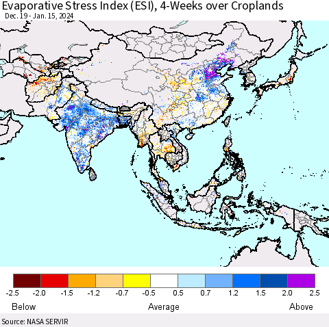 Asia Evaporative Stress Index (ESI), 4-Weeks over Croplands Thematic Map For 1/15/2024 - 1/21/2024