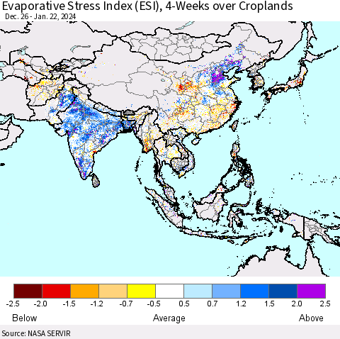 Asia Evaporative Stress Index (ESI), 4-Weeks over Croplands Thematic Map For 1/22/2024 - 1/28/2024