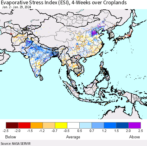Asia Evaporative Stress Index (ESI), 4-Weeks over Croplands Thematic Map For 1/29/2024 - 2/4/2024