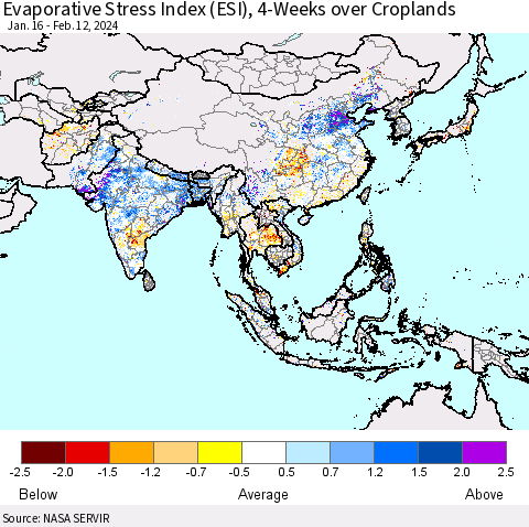 Asia Evaporative Stress Index (ESI), 4-Weeks over Croplands Thematic Map For 2/12/2024 - 2/18/2024