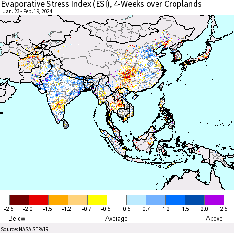 Asia Evaporative Stress Index (ESI), 4-Weeks over Croplands Thematic Map For 2/19/2024 - 2/25/2024