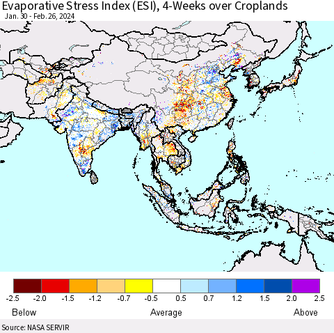 Asia Evaporative Stress Index (ESI), 4-Weeks over Croplands Thematic Map For 2/26/2024 - 3/3/2024