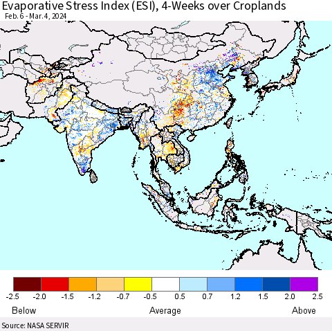 Asia Evaporative Stress Index (ESI), 4-Weeks over Croplands Thematic Map For 3/4/2024 - 3/10/2024