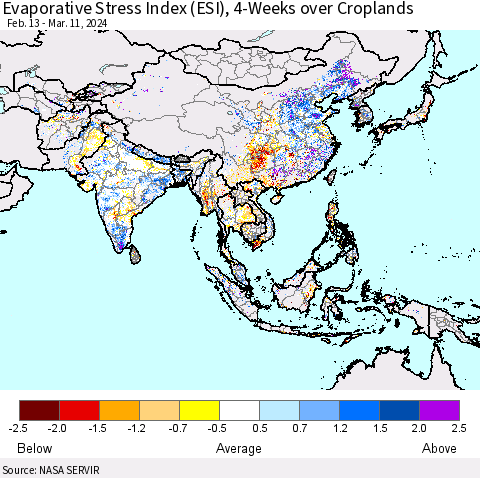Asia Evaporative Stress Index (ESI), 4-Weeks over Croplands Thematic Map For 3/11/2024 - 3/17/2024